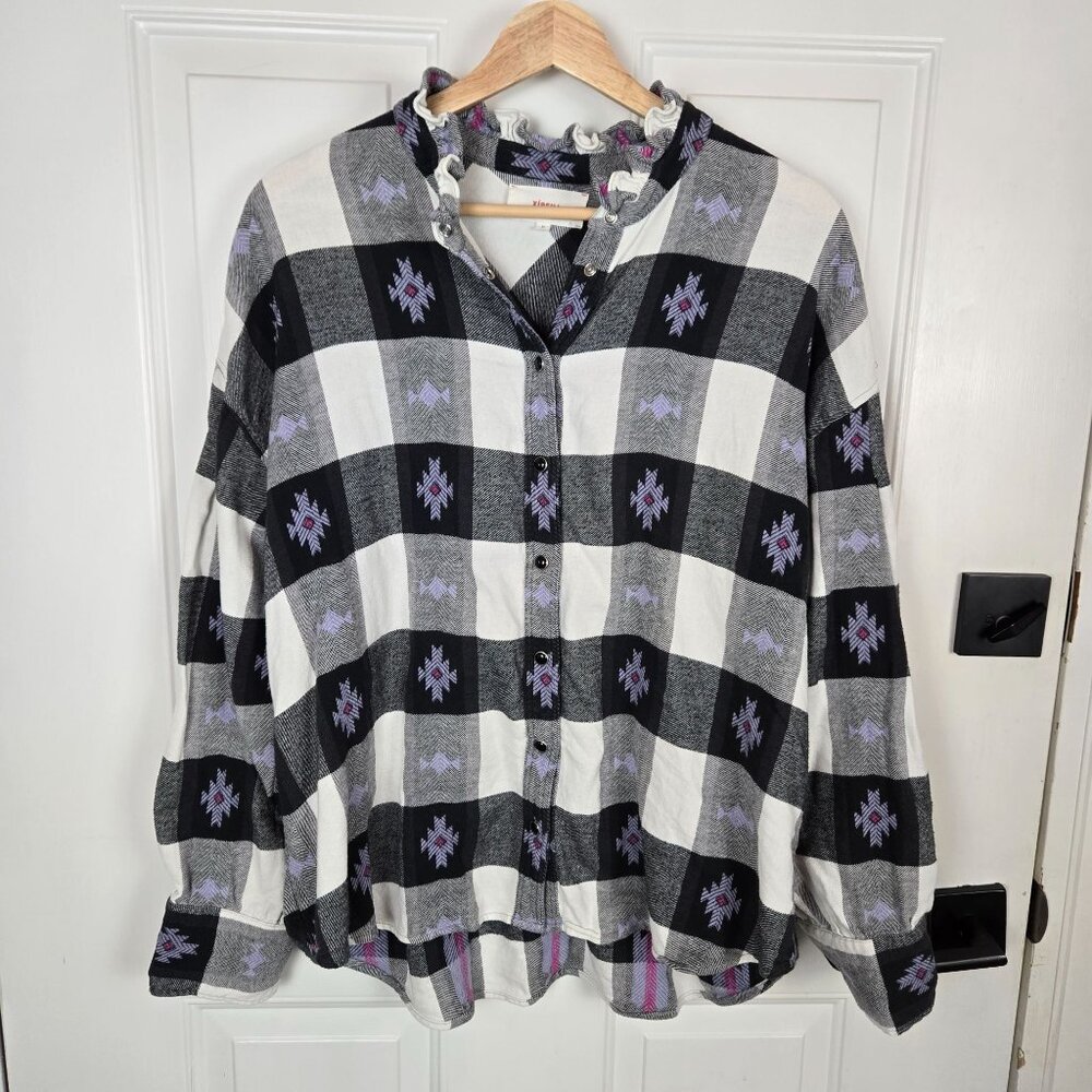 Xirena Flannel‎ Shirt Womens Medium Pearl Snap Black White Plaid Southwest boxy
